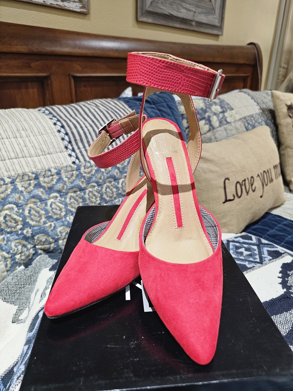 new directions Red Pointed-Toe Ankle-Strap Heels